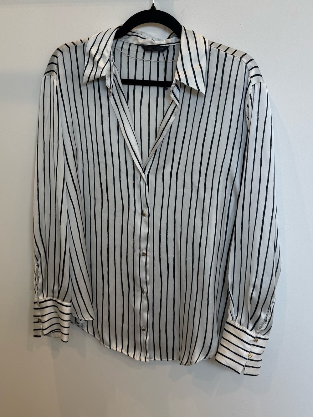 Zara White Shirt with Black Vertical Stripes
